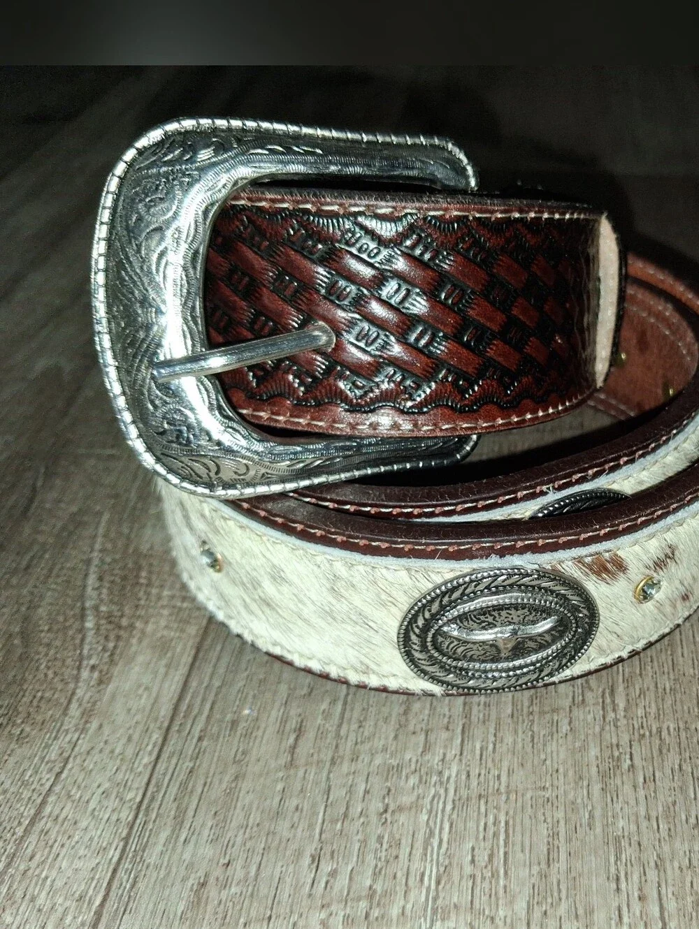 Mens Western Hair on Hide Belt with Brown Leather Accents Size 35 36 37 38 39 41